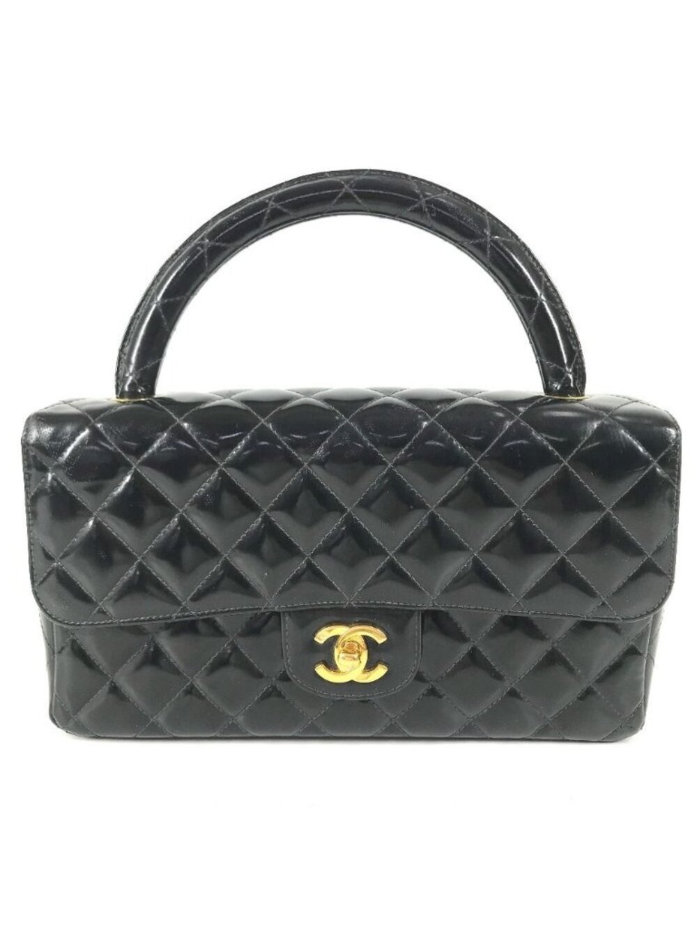Chanel Handbag Top Handle Quilted CC Logo Vintage Patent Black